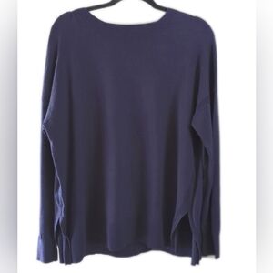 En Thread Pullover Ribbed Cuff Sweater Side Slit Navy Cotton Blend M